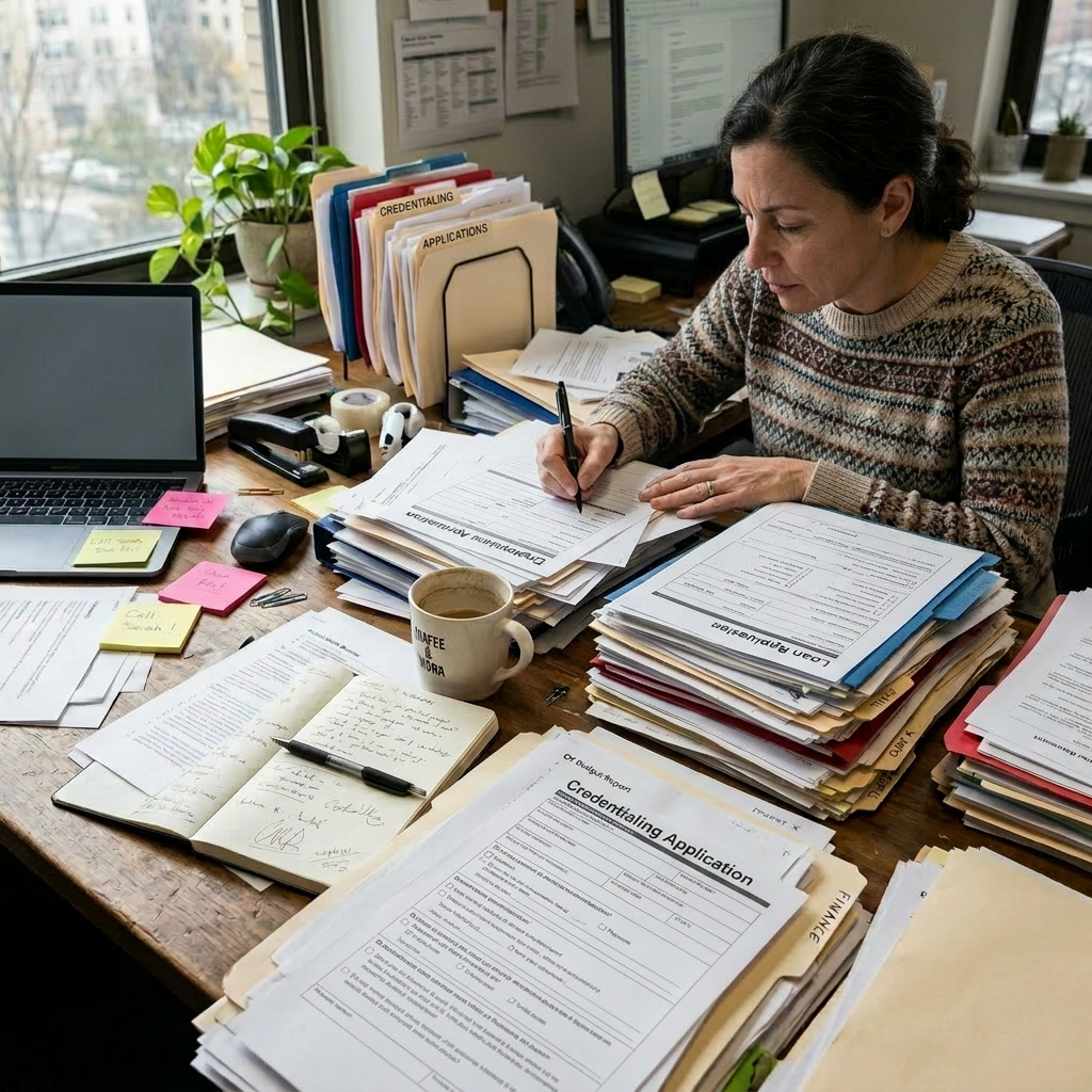 Woman completing employment application forms at desk filled with paperwork and laptop